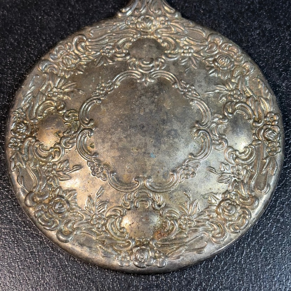 Antique Victorian Repousse Floral Hand Mirror Silver Tone Ornate Vanity Decor